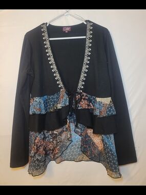 Cato Black Layered Ruffle Cardigan with Blue Paisley Trim
